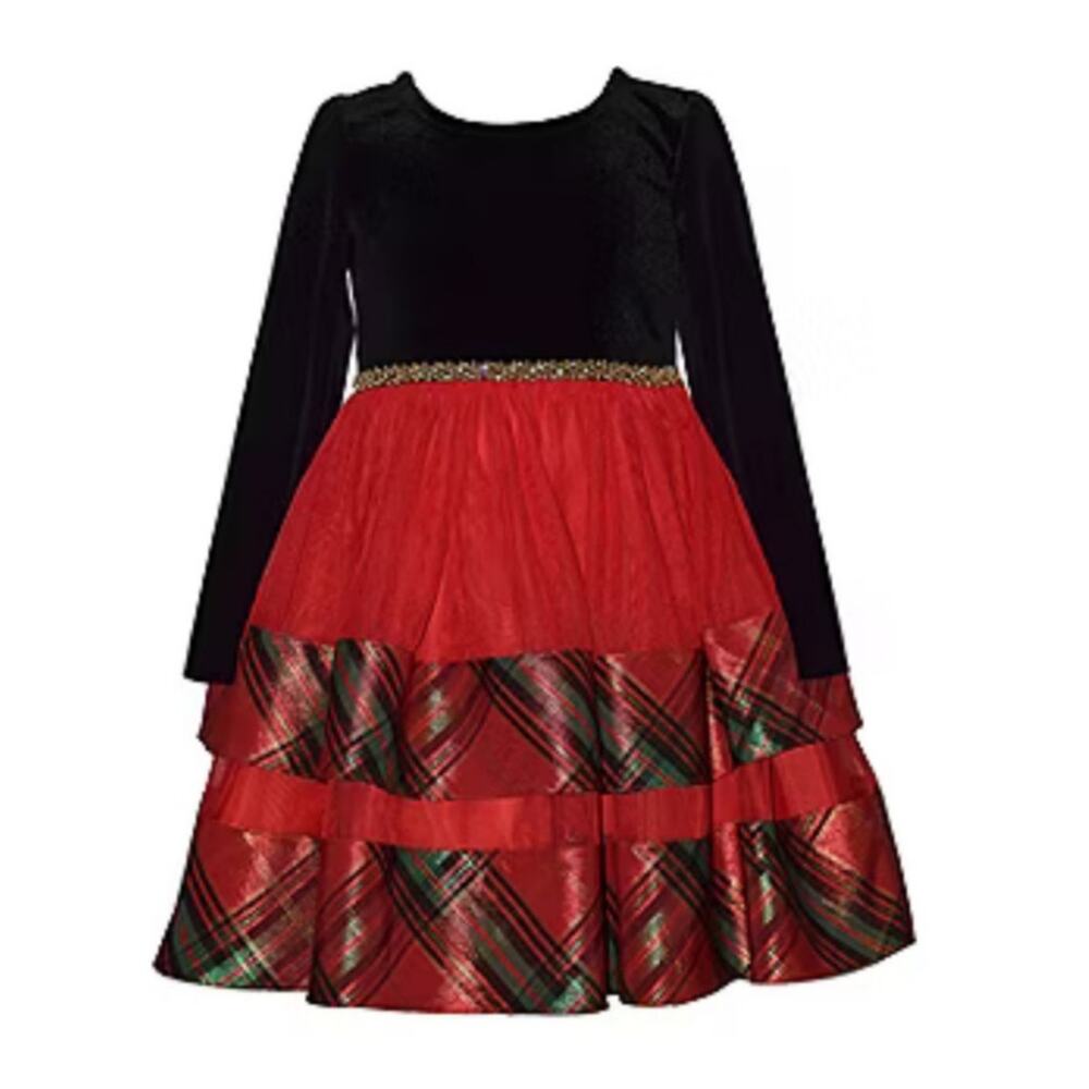 Bonnie Jean Red Velvet & Plaid Tiered Holiday Dress Girls New Christmas Size 7